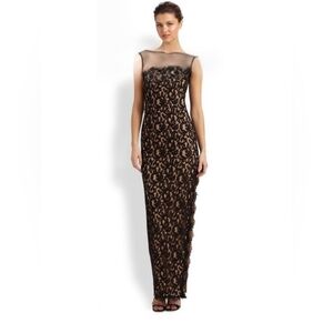 Tadashi Shoji Illusion Neckline Black Lace Floor Length Dress Gown Slit Size 14